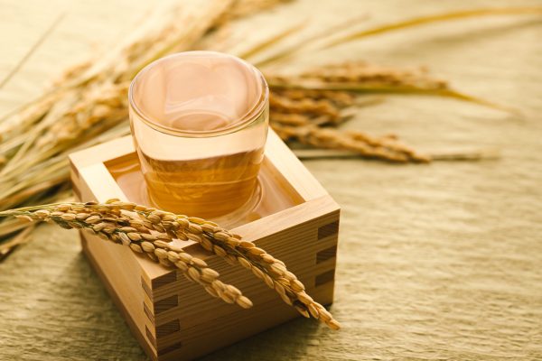 Japanese sake in masu sake, masu, rice, ear of rice, japanese alcohol